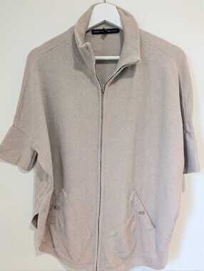 WHBM Tan short-sleeve elbow length Zip-Up relaxed fit sweater (xs)